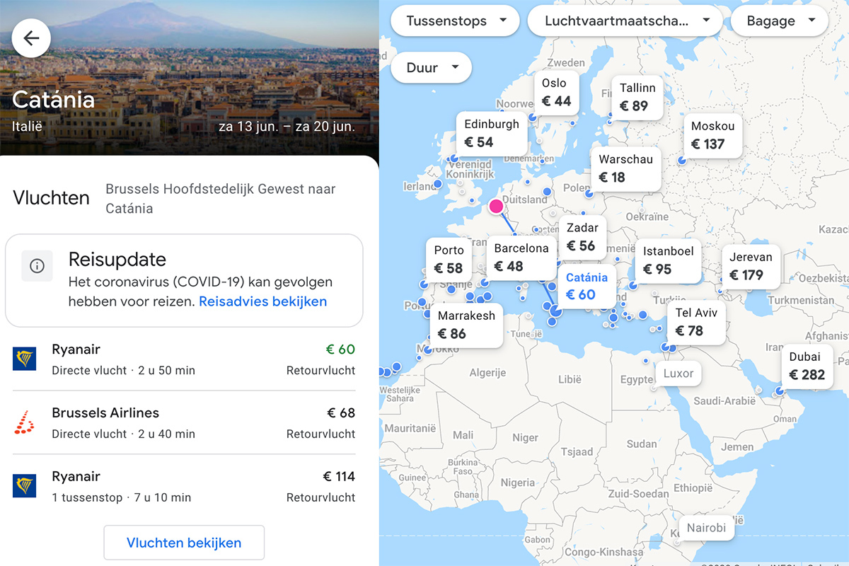 Wereldkaart op Google Vluchten